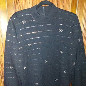 ST JOHN EVENING BLACK GOLD SILVER WOOL KNIT MOCK NECK LONG SLEEVE TOP